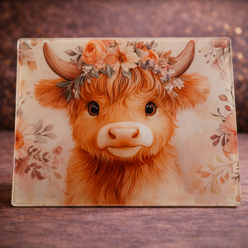 A4 Highland Cow Glass Chopping Board