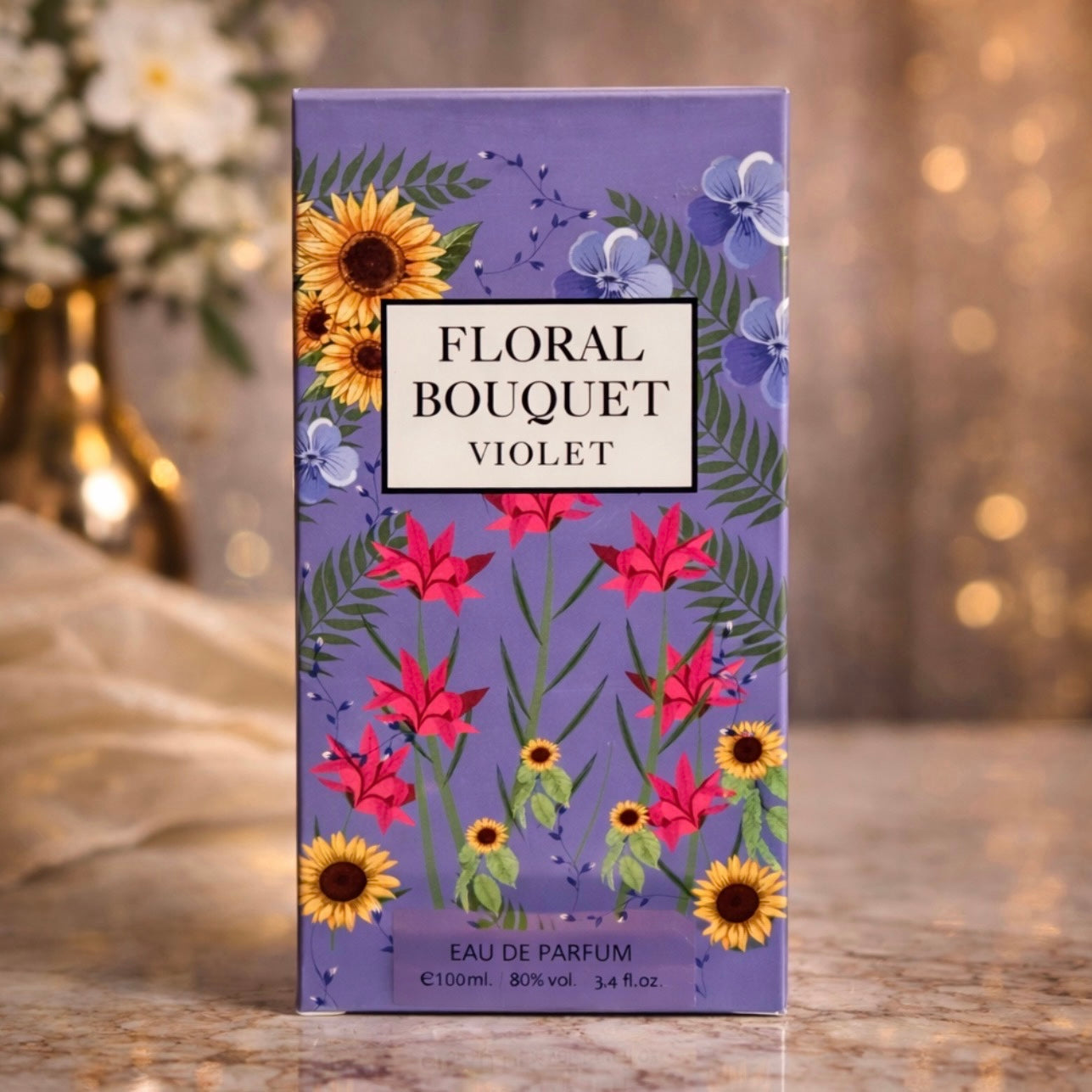 Floral Bouquet Violet eau de parfum box with floral design on a wooden surface.