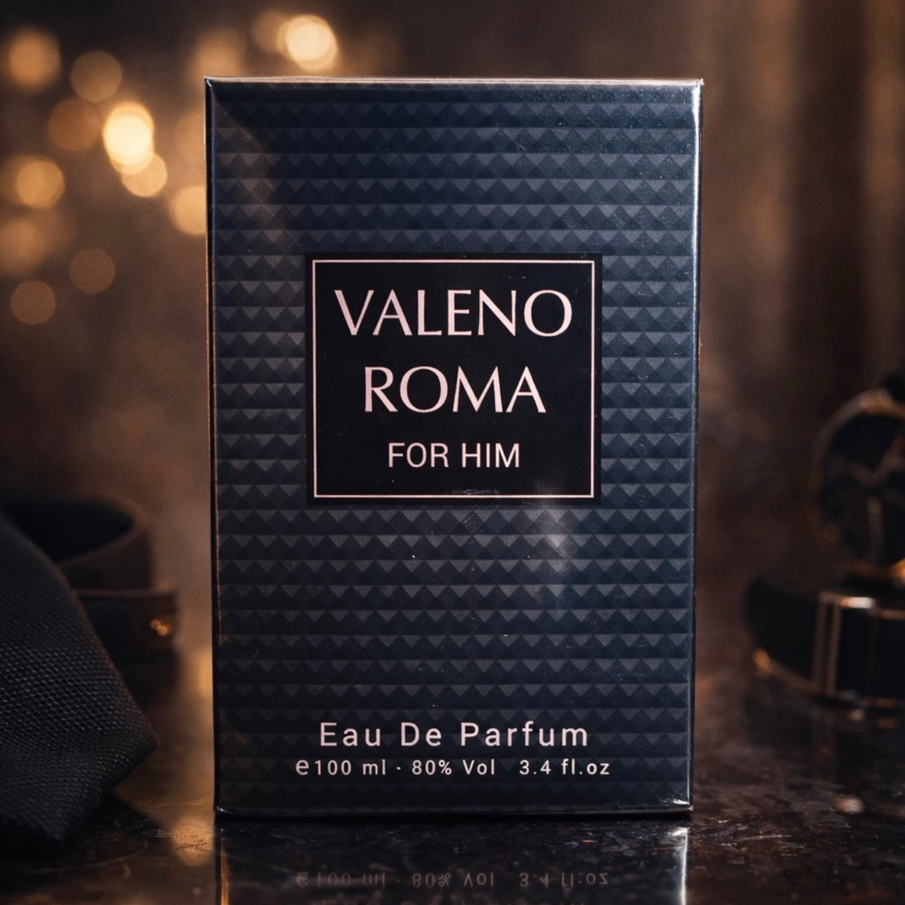 Valeno Roma for Him Eau De Parfum packaging on a dark background