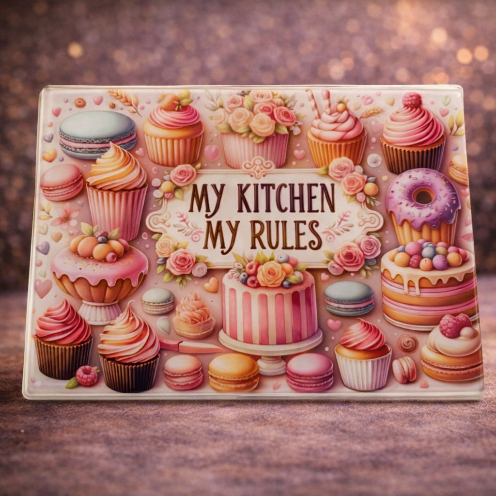 A4 My Kitchen My Rules Glass Chopping Board