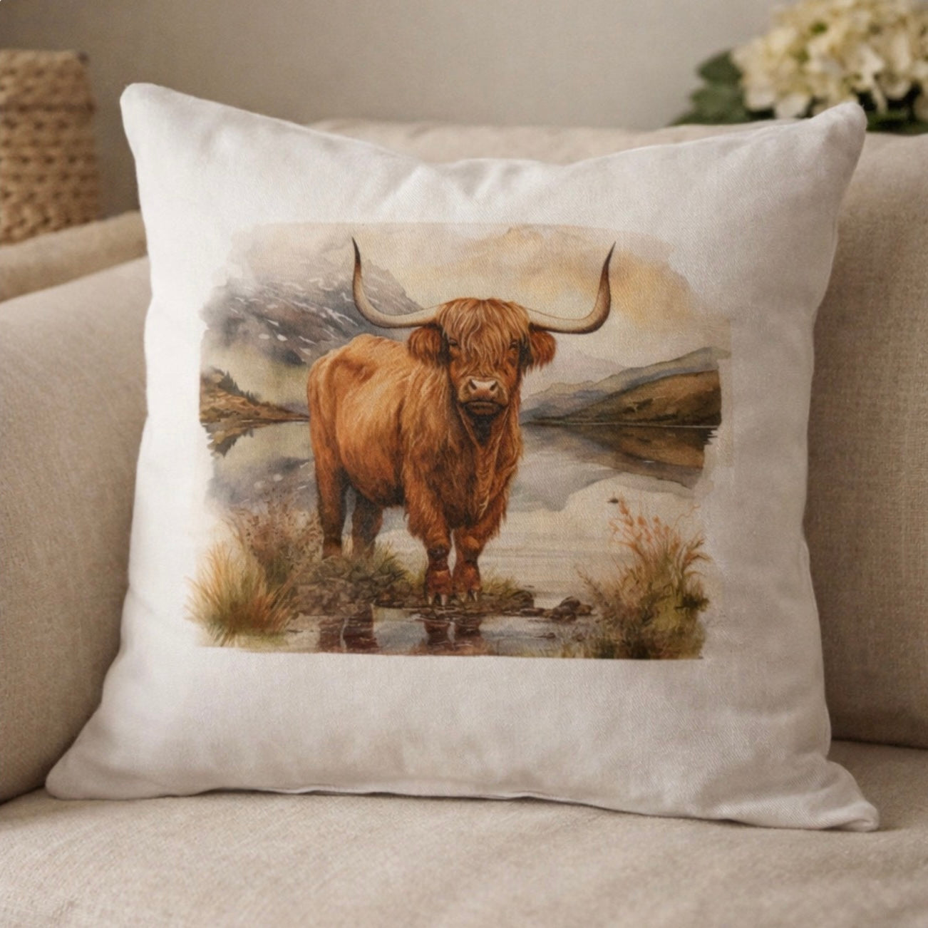 Highland Cow Cushion – Rustic Farmhouse Gift & Cosy Home Décor Pillow