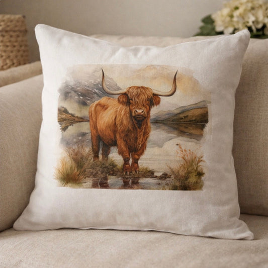 Highland Cow Cushion – Rustic Farmhouse Gift & Cosy Home Décor Pillow