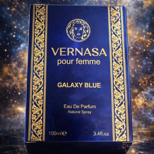Vernasa Galaxy Blue perfume box on a textured background
