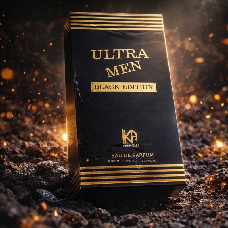 KA Perfumes Ultra Men Black Edition Eau de Parfum packaging on a dark background