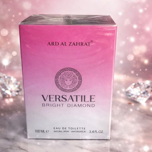 Pink box of Ard Al Zahrat Versatile Bright Diamond perfume on a sparkling background
