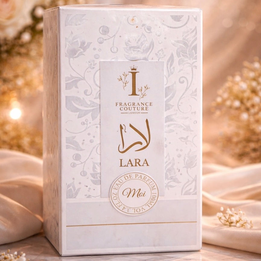Fragrance Couture Lara perfume box with floral design and gold text on a soft background