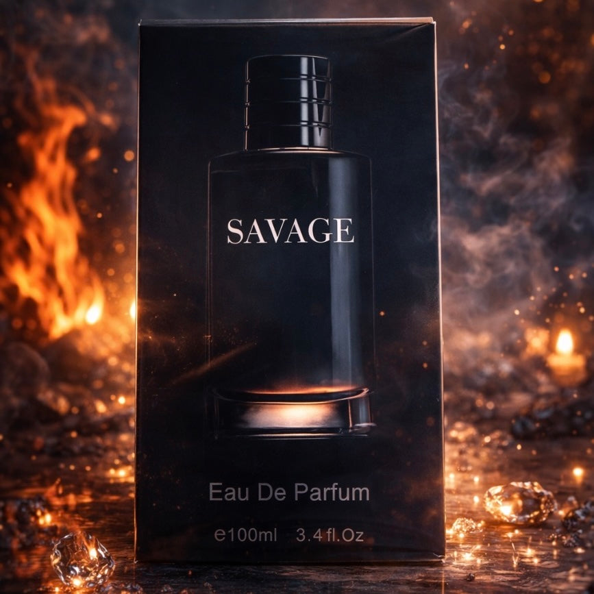 Savage Eau De Parfum packaging with a fiery background