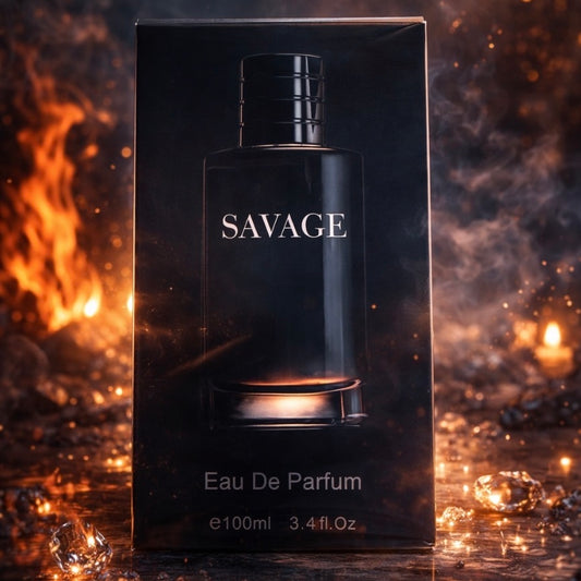 Savage Eau De Parfum packaging with a fiery background