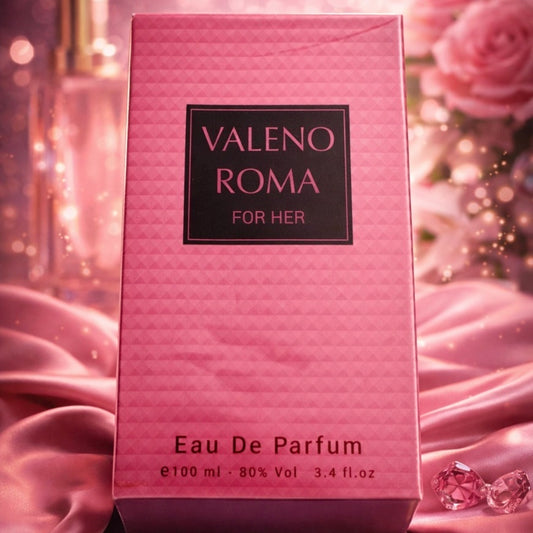 Pink Valeno Roma for Her Eau De Parfum box with decorative background
