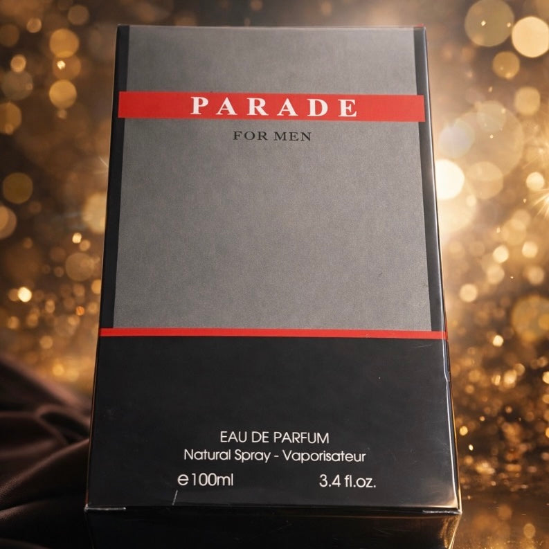 Parade for Men perfume box with a sparkling gold background