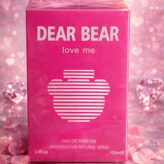 Pink 'Dear Bear' perfume box with a heart-themed background