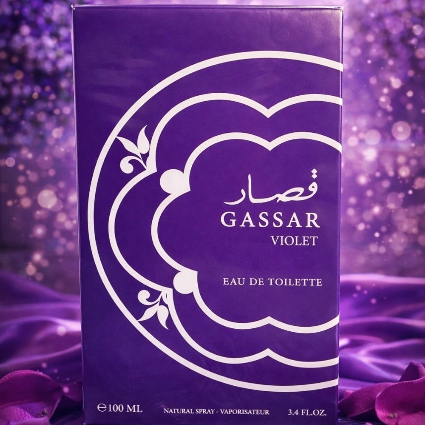 GASSAR Violet Eau de Toilette packaging with a purple background