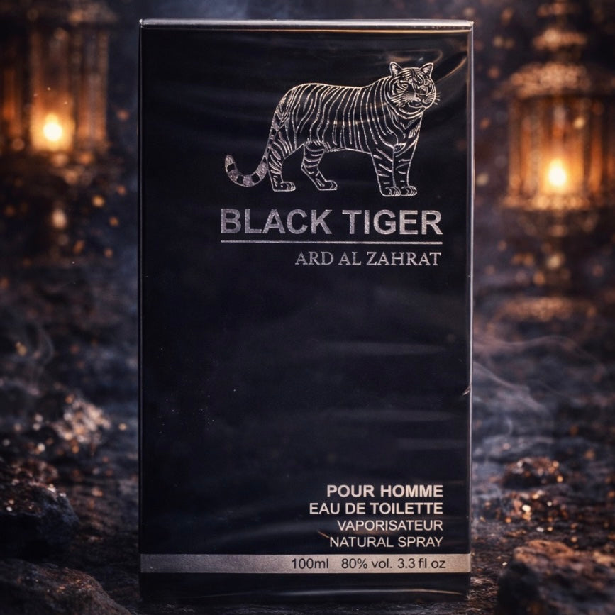 Black Tiger Ard Al Zahrat perfume bottle on a dark background