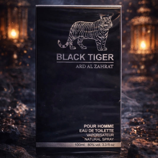 Black Tiger Ard Al Zahrat perfume bottle on a dark background