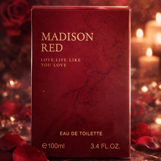 Red Madison Red Eau de Toilette packaging with floral design and romantic background