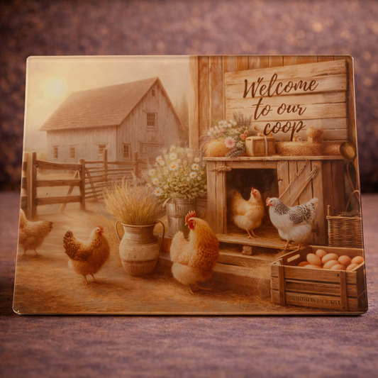 A4 Welcome To Our Coop Glass Chopping Board
