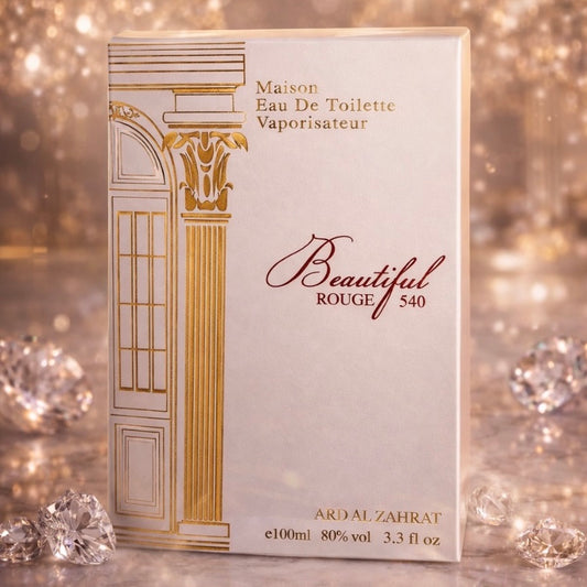 Perfume bottle packaging with gold and white design on a glittery background
