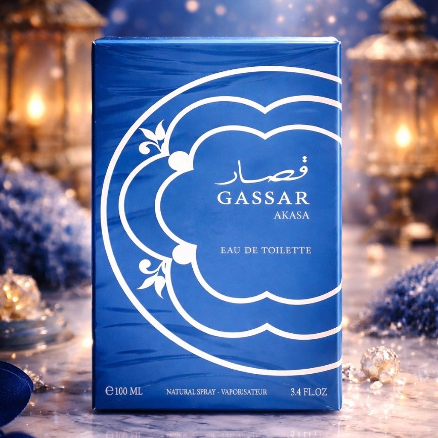 Blue GASSAR AKASA Eau de Toilette packaging with decorative background