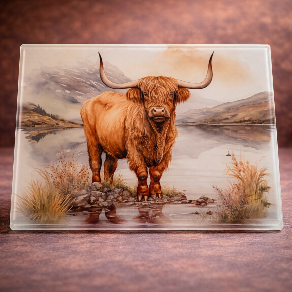 A4 Highland Cow Glass Chopping Board