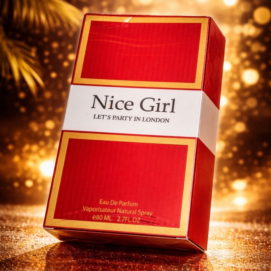 Red and gold 'Nice Girl' perfume box on a glittery background