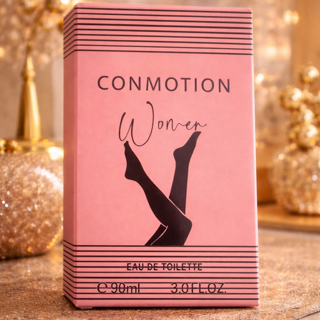 Pink Conmotion Women's perfume box with black text and design on a decorative background