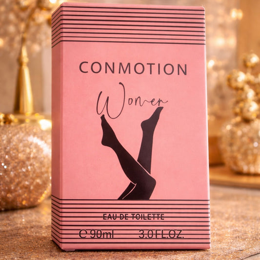 Pink Conmotion Women's perfume box with black text and design on a decorative background
