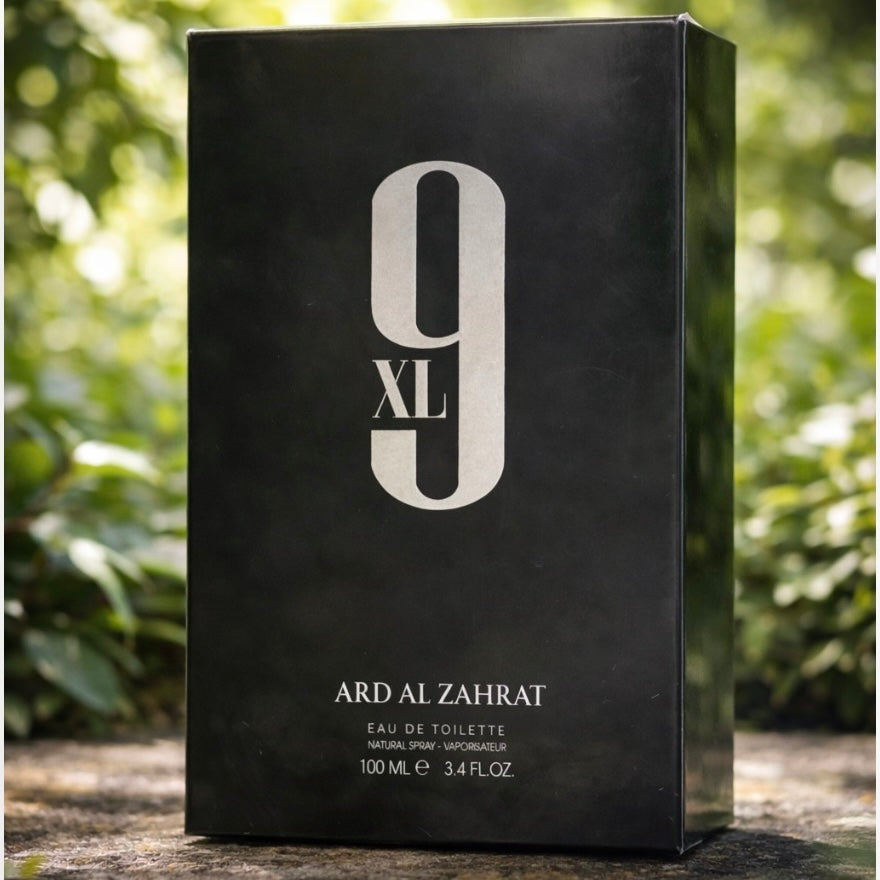 Black box of Ard Al Zahrat 9XL Eau de Toilette with a natural background
