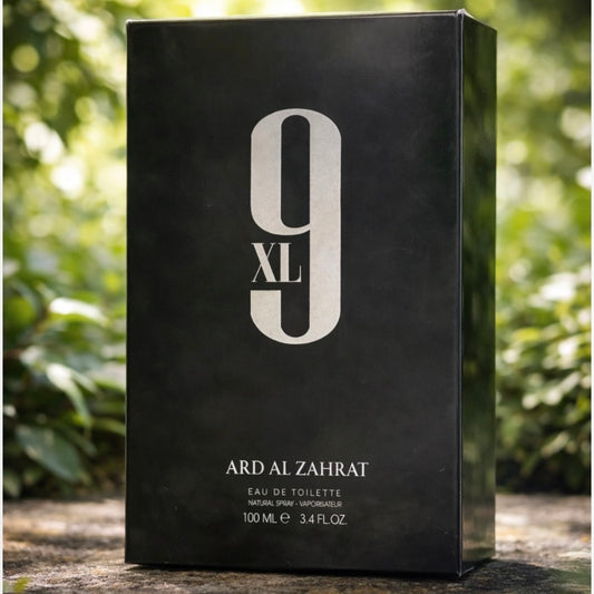 Black box of Ard Al Zahrat 9XL Eau de Toilette with a natural background