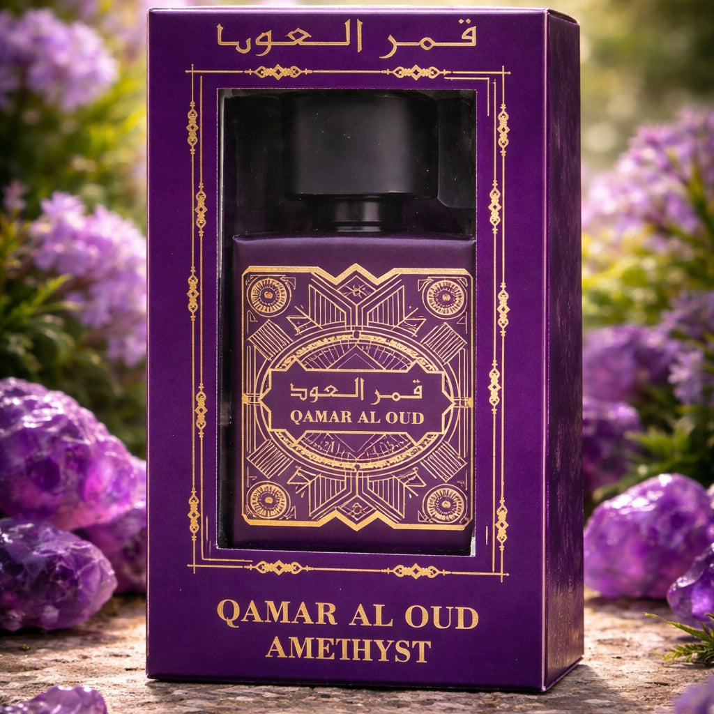 Qamar Al Oud Amethyst perfume bottle in a purple box with floral background