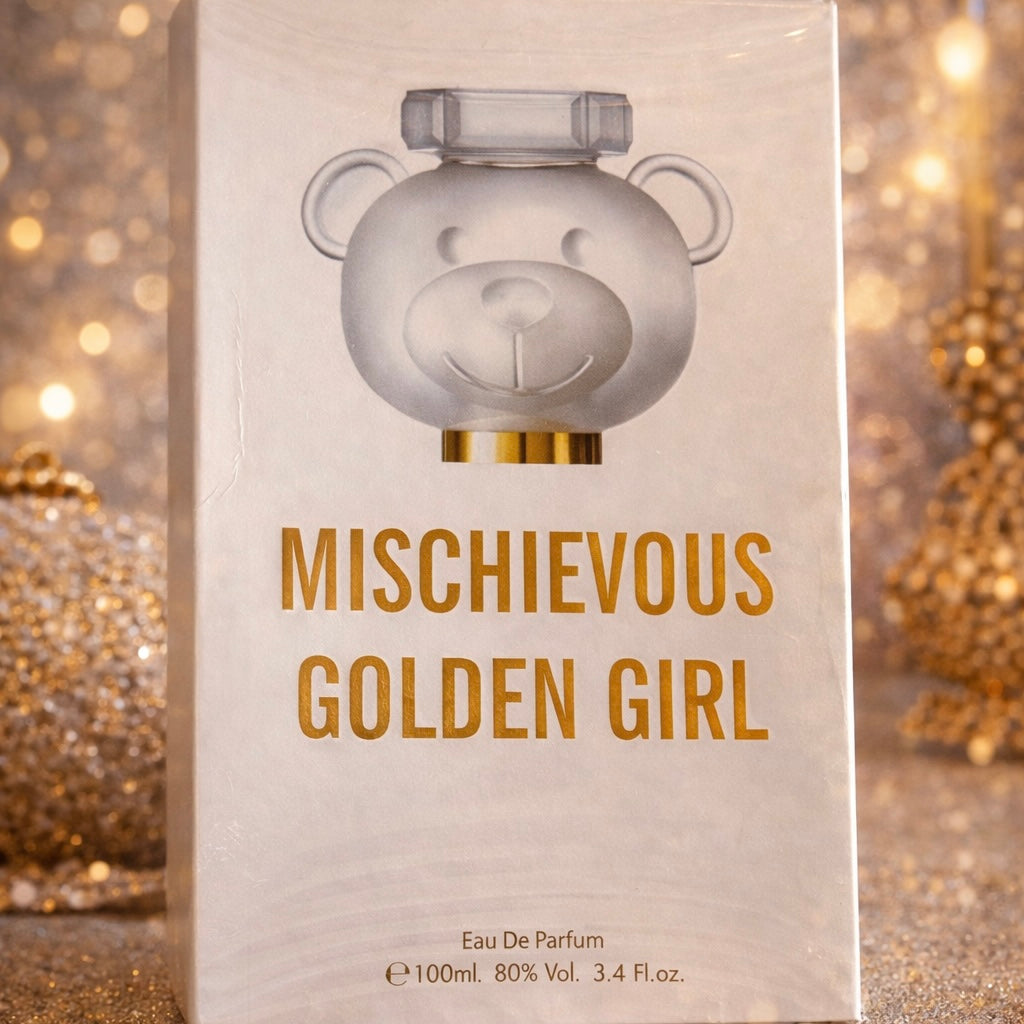 Perfume box labeled 'Mischievous Golden Girl' with a decorative background