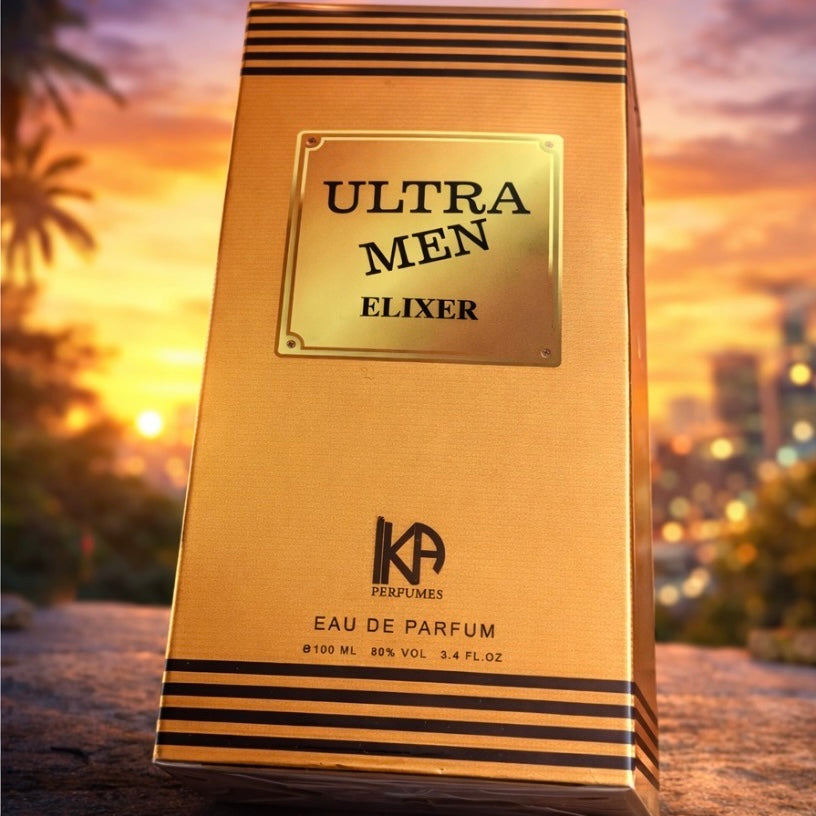 Gold perfume bottle packaging with 'Ultra Men Elixer' text against a blurred sunset cityscape background.