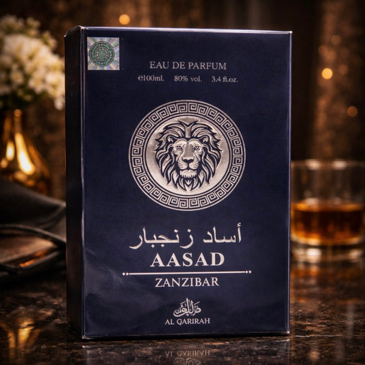 AASAD Zanzibar perfume box with a lion emblem on a dark background