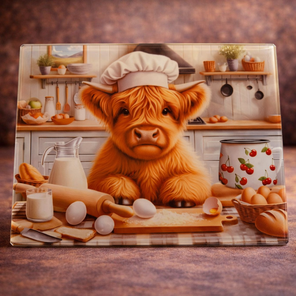 A4 Highland Cow Glass Chopping Board